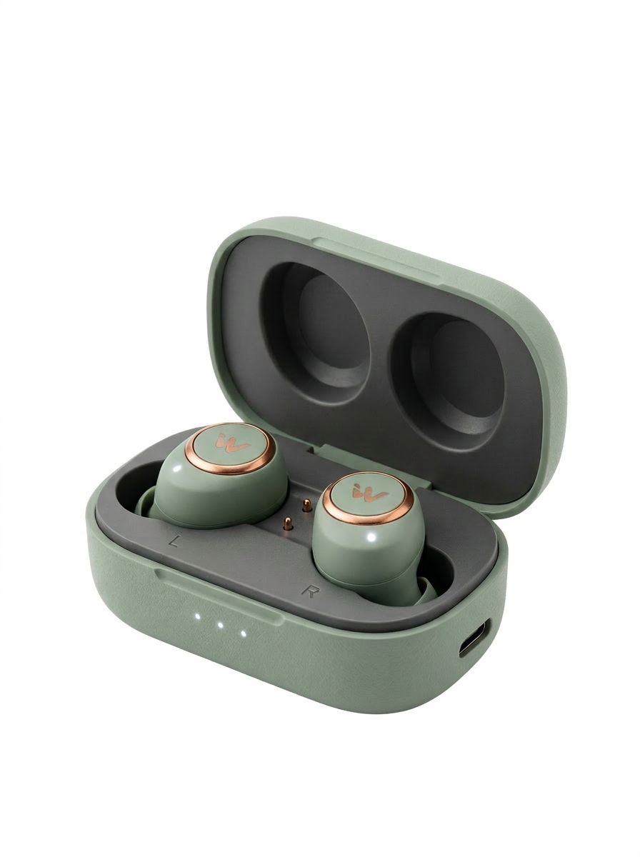 Wireless earbuds resting inside a sleek charging dock with modern minimalist design and portable audio styling