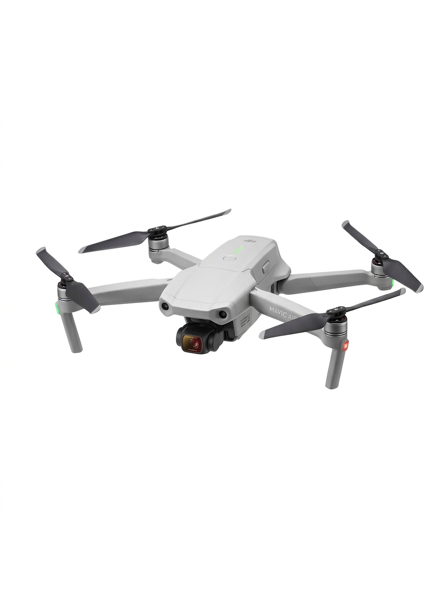 Quadcopter camera drone in flight with integrated high-definition camera designed for aerial photography and cinematic video capture