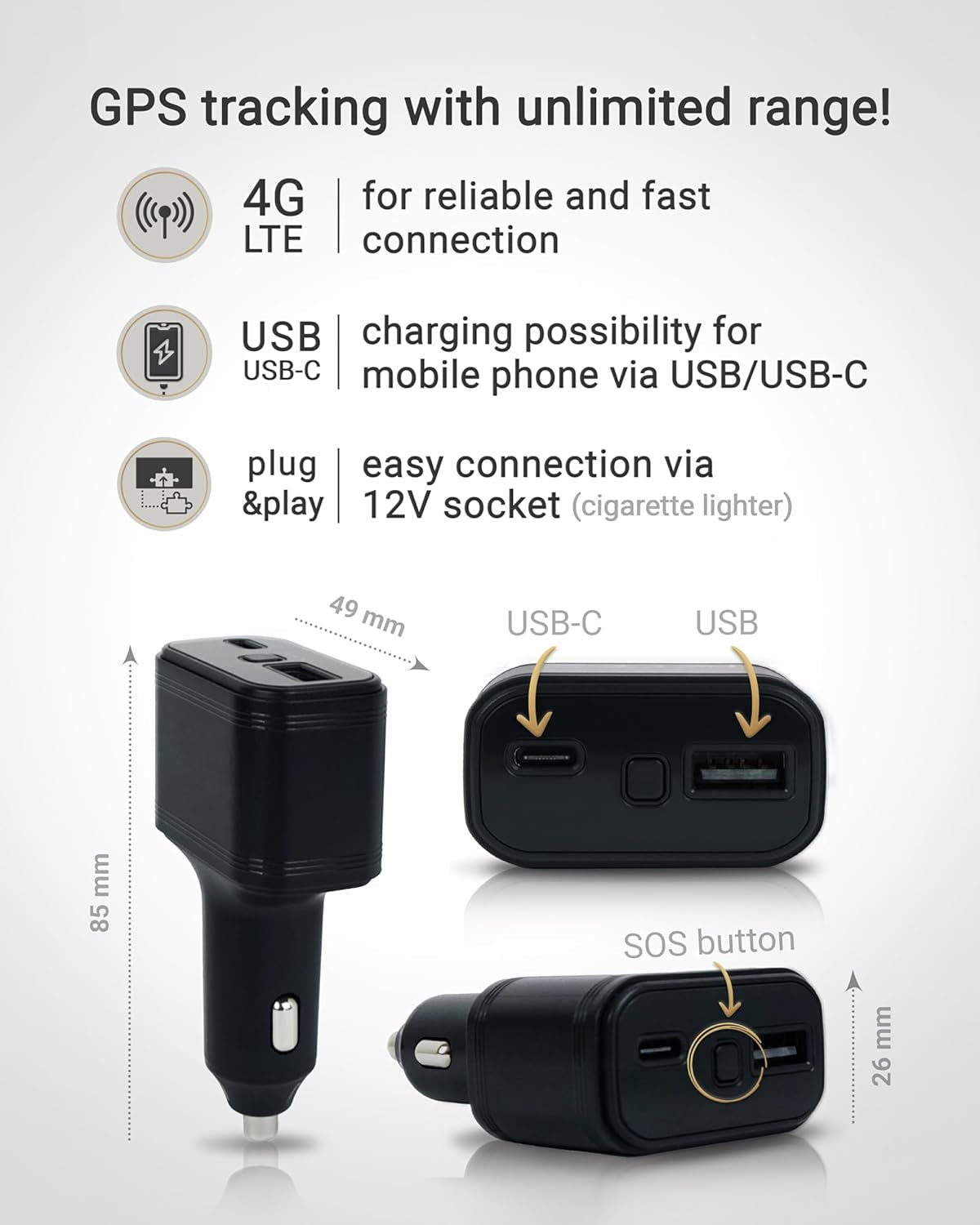 USB Finder 4G - Mini GPS Tracker for Cars - 12V Cigarette Lighter Connection, Built-In SOS Button, Real-Time Tracking in Australia & Worldwide, Route History, Alarms & Geo-Fence via App