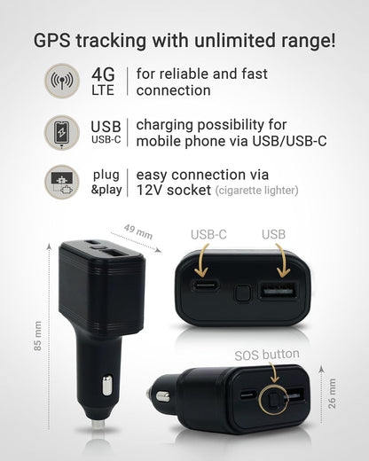 USB Finder 4G - Mini GPS Tracker for Cars - 12V Cigarette Lighter Connection, Built-In SOS Button, Real-Time Tracking in Australia & Worldwide, Route History, Alarms & Geo-Fence via App
